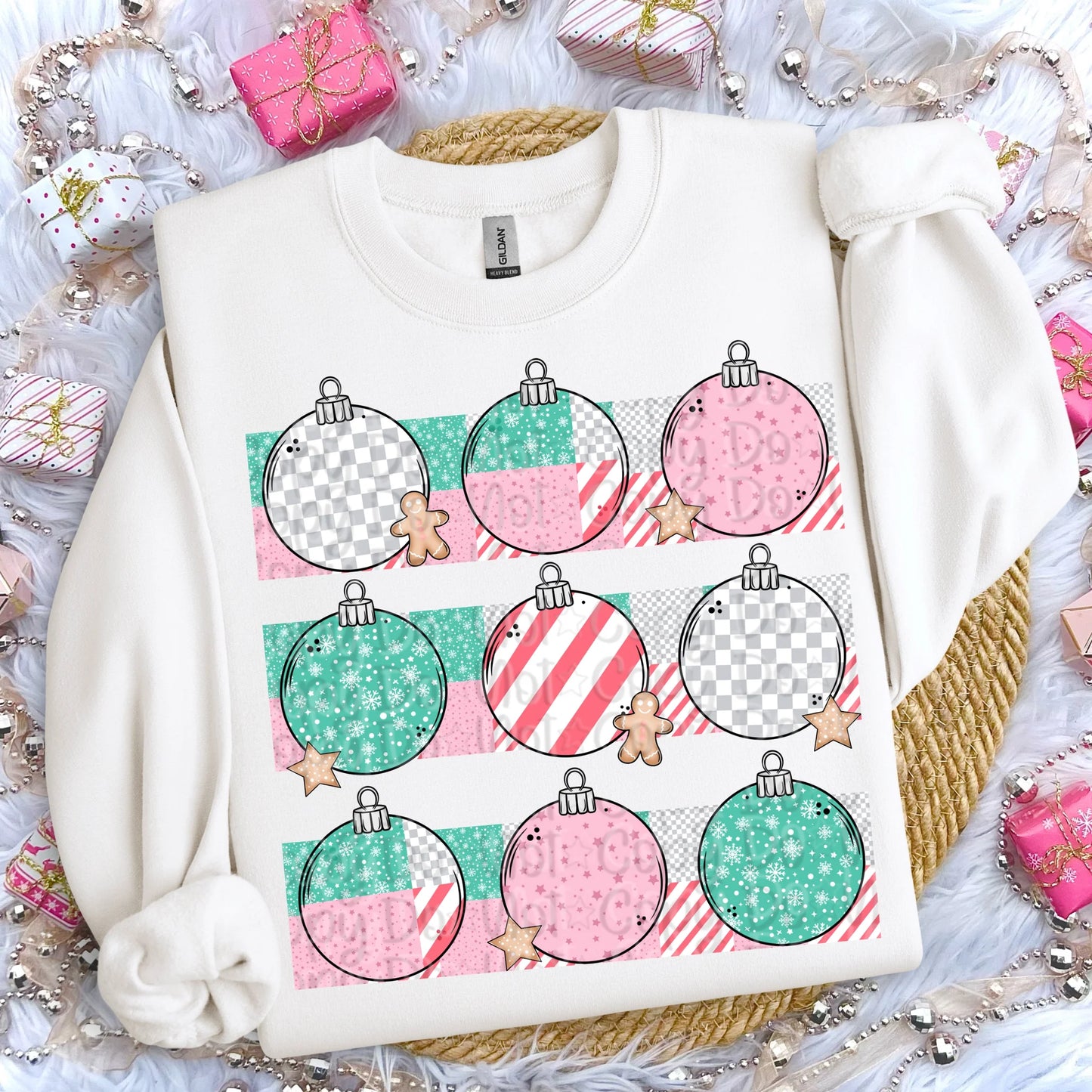 Stacked Ornaments Gingerbread Gildan Unisex Heavy Blend™ Crewneck Sweatshirt White