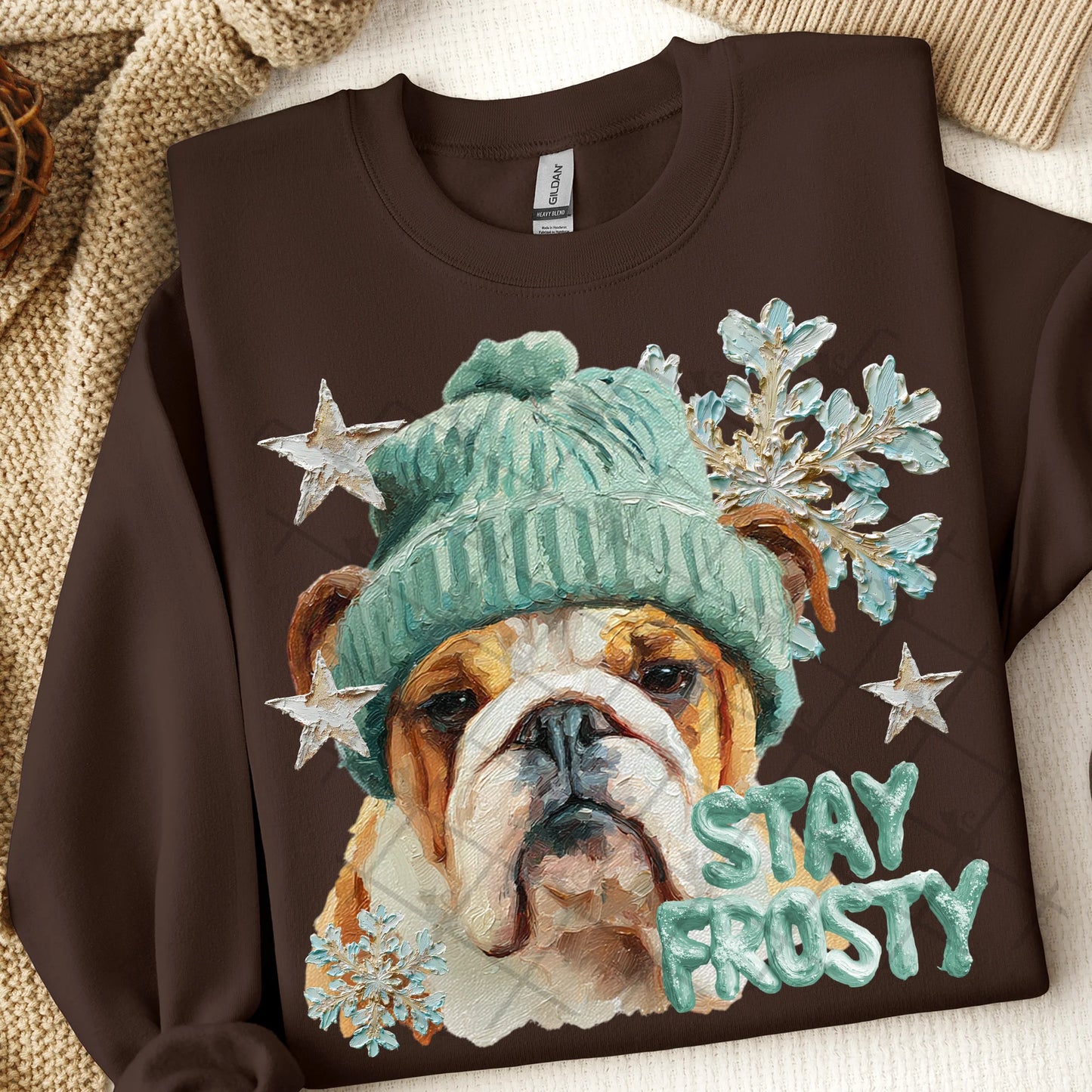 Stay Frosty English Bulldog Gildan Unisex Heavy Blend™ Crewneck Sweatshirt Dark Chocolate