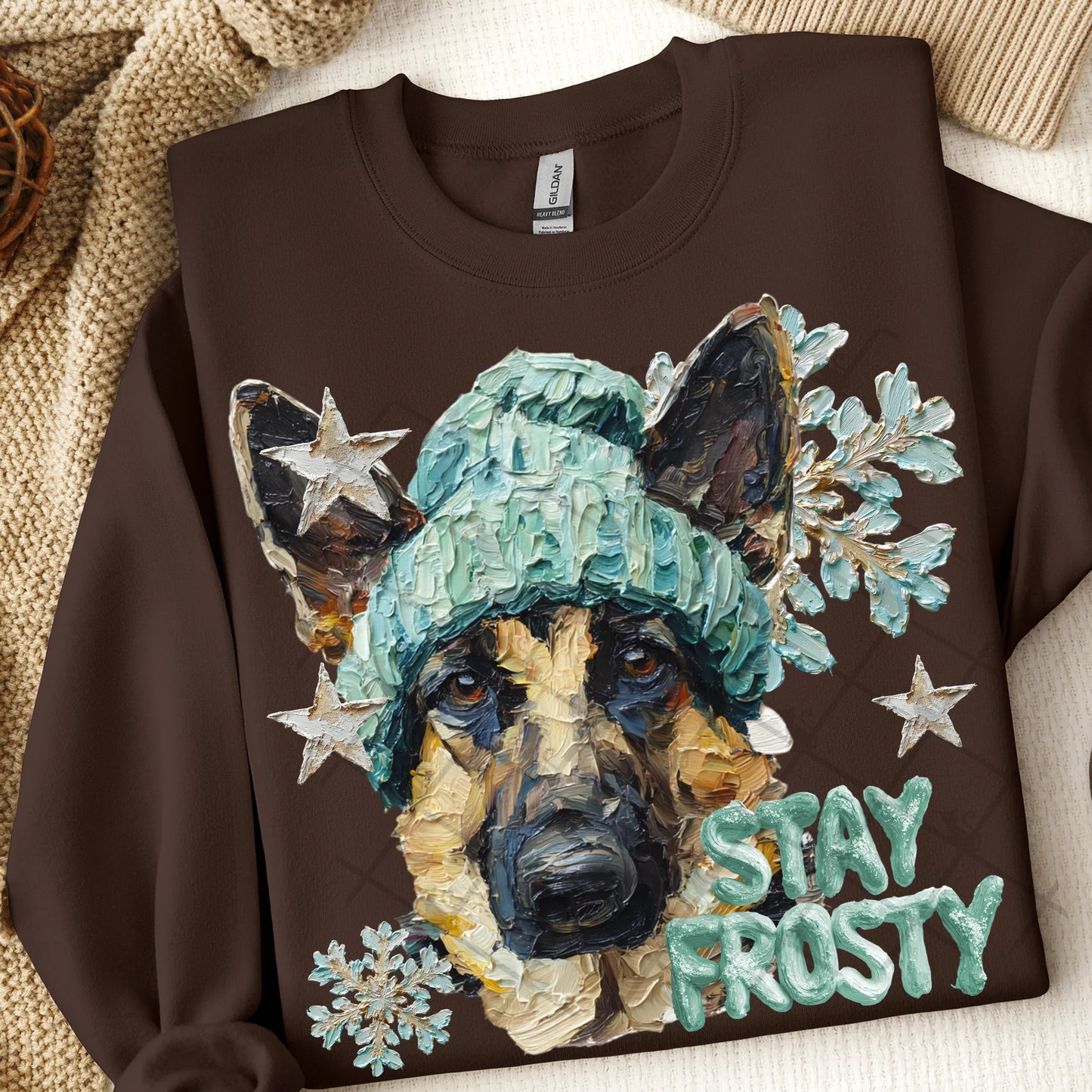 Stay Frosty German Shepard Gildan Unisex Heavy Blend™ Crewneck Sweatshirt Dark Chocolate