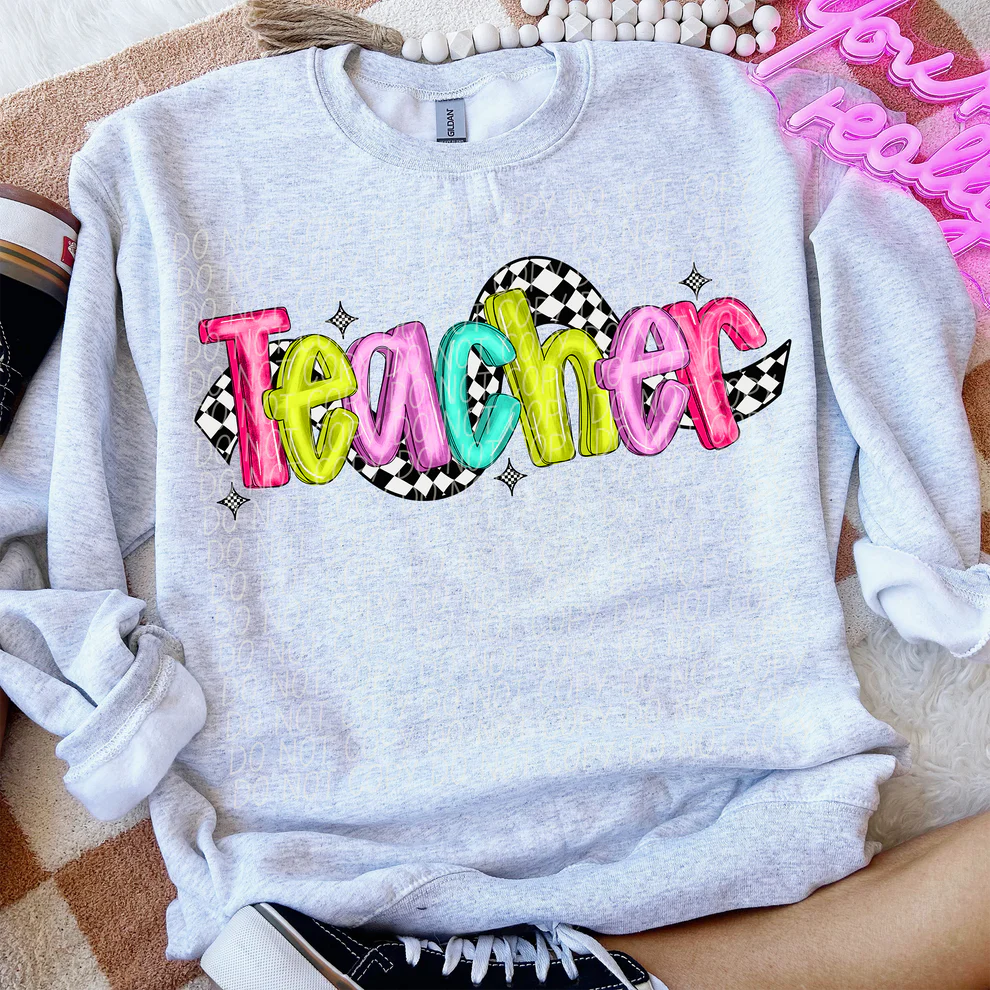 Teacher Black and White Checkered Gildan Heavy Blend™ 50/50 Fleece Crew Ash