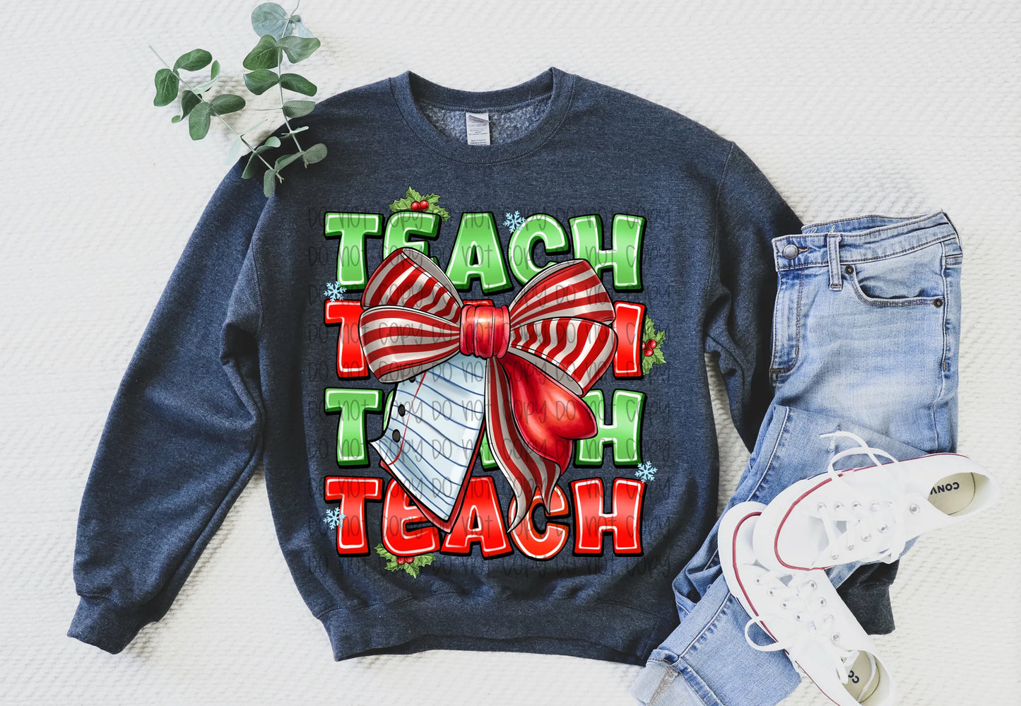 Teach Red & Green Stacked With Pencil Bow Gildan Unisex Heavy Blend™ Crewneck Sweatshirt Heather Dark Navy