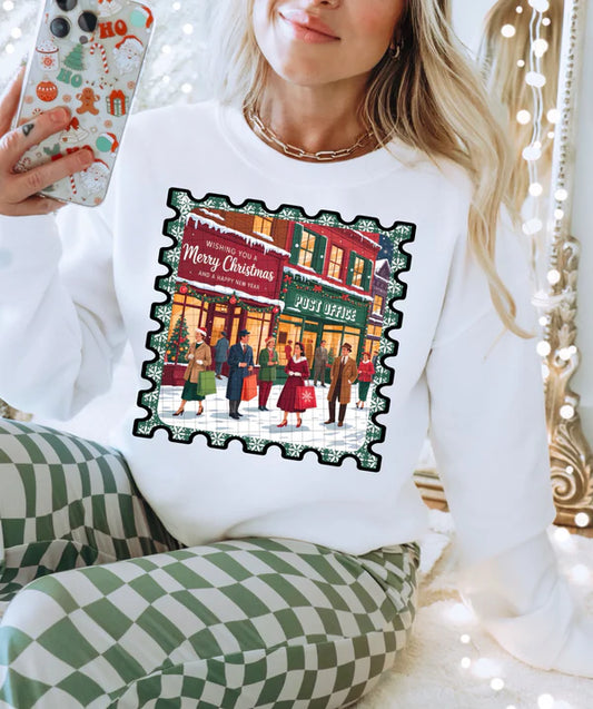 Town Merry Christmas Stamp Gildan Unisex Heavy Blend™ Crewneck Sweatshirt White