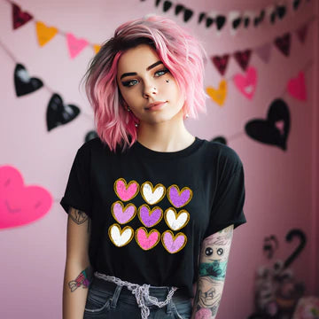 Valentines Day Hearts Faux Chenille Gildan Softstyle® T-Shirt Black