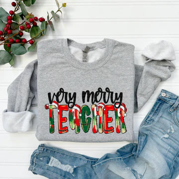 Very Merry Teacher Gildan Unisex Heavy Blend™ Crewneck Sweatshirt Sport Grey