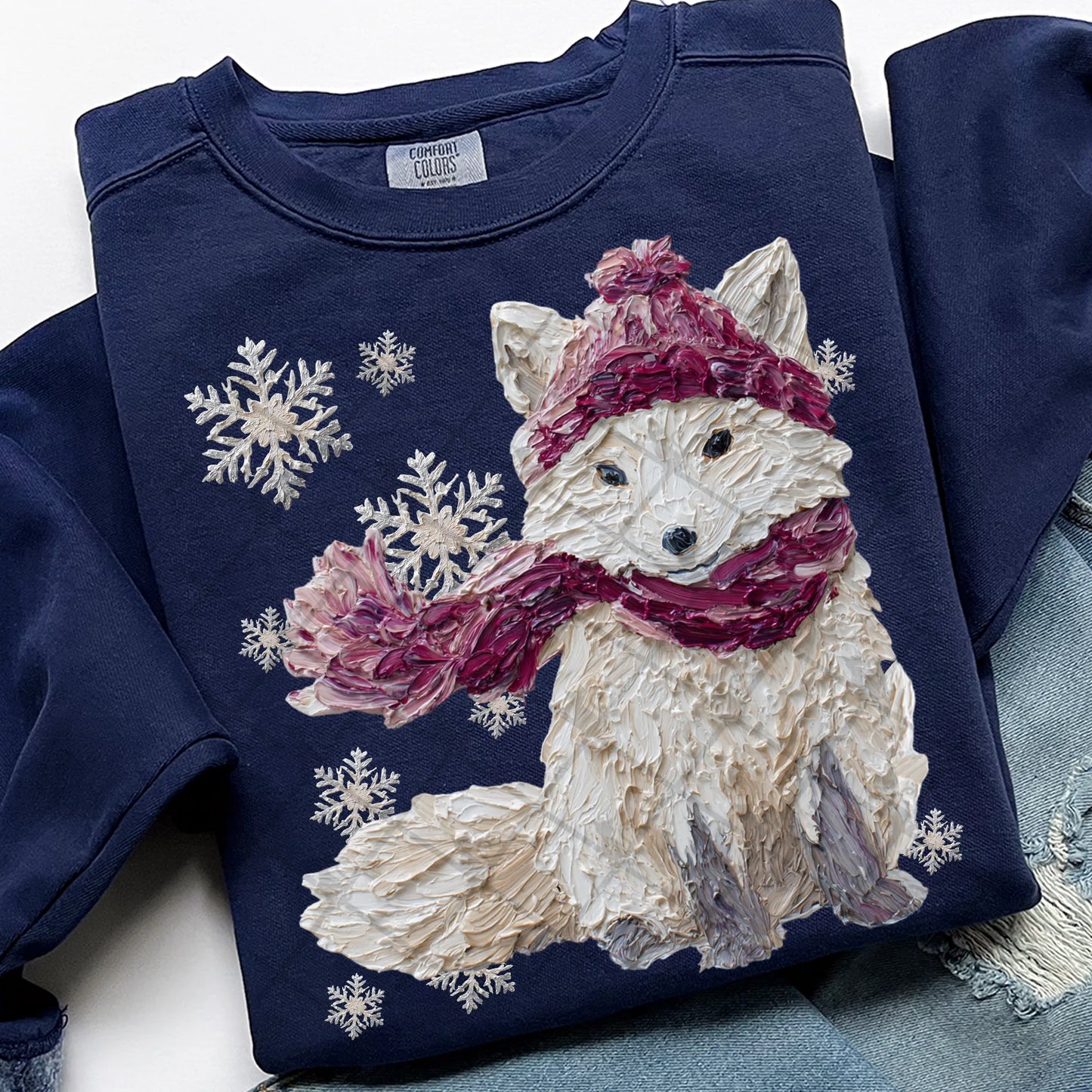 Winter Painted Artic Fox Comfort Colors Unisex Garment-Dyed Crewneck Sweatshirt True Navy