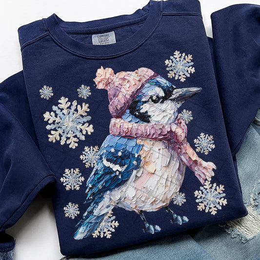Winter Painted Blue Jay Comfort Colors Unisex Garment-Dyed Crewneck Sweatshirt True Navy