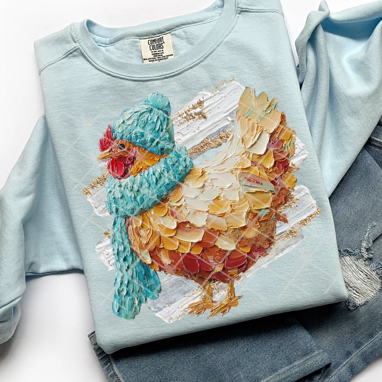 Winter Painted Chicken Comfort Colors Unisex Garment-Dyed Crewneck Sweatshirt Chambray