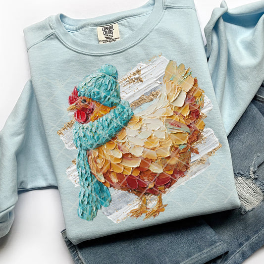 Winter Painted Chicken Comfort Colors Unisex Garment-Dyed Crewneck Sweatshirt Chambray