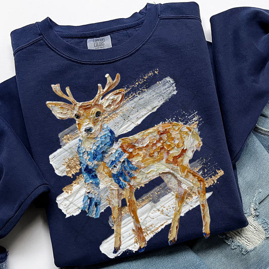 Winter Painted Deer Comfort Colors Unisex Garment-Dyed Crewneck Sweatshirt True Navy