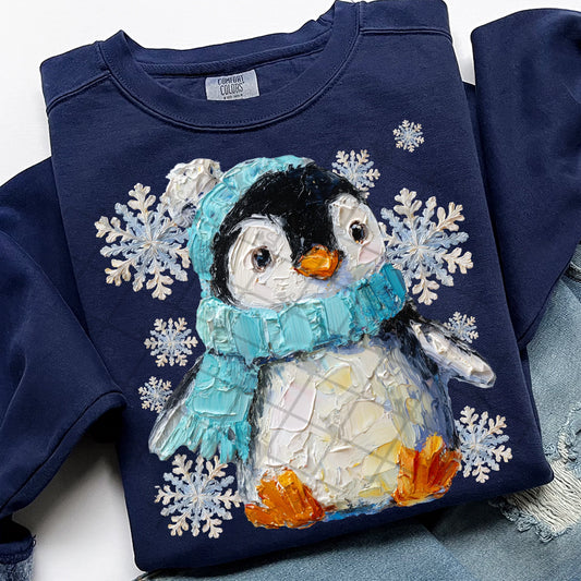 Winter Painted Penguin Comfort Colors Unisex Garment-Dyed Crewneck Sweatshirt True Navy