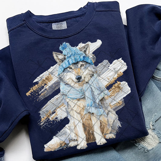 Winter Painted Wolf Comfort Colors Unisex Garment-Dyed Crewneck Sweatshirt True Navy