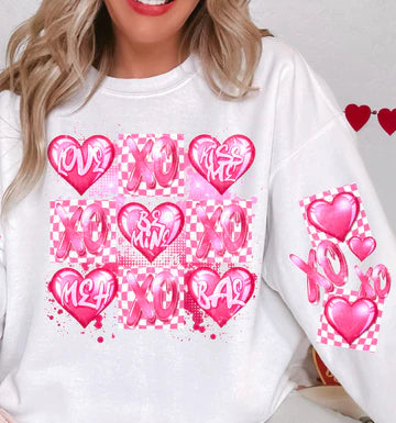 XO Be Mine Pink Checkered with Sleeve Gildan Unisex Heavy Blend™ Crewneck Sweatshirt White