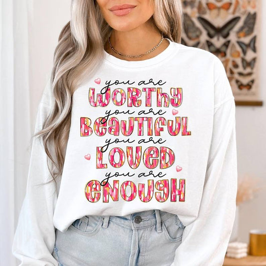 You are Worthy Beautiful Loved Enough Bella + Canvas Unisex Jersey Long-Sleeve White